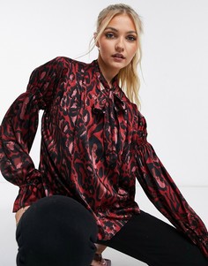 Бордовая блузка с леопардовым принтом и отделкой на рукавах Topshop-Красный