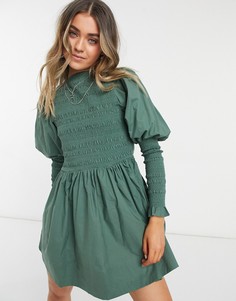 Короткое присборенное платье мини цвета хаки с присборенными манжетами ASOS DESIGN-Зеленый цвет