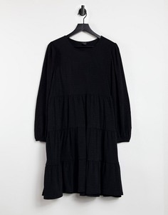 Ярусное свободное платье мини черного цвета с длинными рукавами Monki Mino-Черный цвет