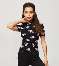 Топ черного цвета с цветочным принтом и воротником-стойкой Miss Selfridge Petite-Коричневый