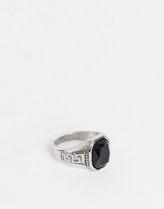 Серебристое кольцо-печатка с черным камнем Topman Sovereign-Черный цвет