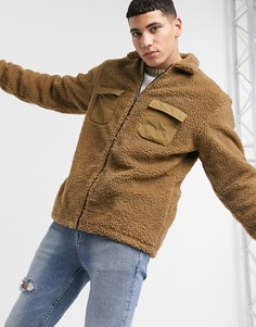 Коричневая плюшевая куртка с карманами и молнией Jack & Jones Originals-Светло-коричневый
