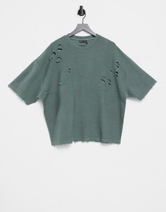 Oversized-футболка выбеленного цвета хаки из органического хлопка с рваной отделкой ASOS DESIGN-Зеленый цвет
