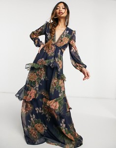 Платье макси с длинными рукавами и цветочным принтом ASOS DESIGN-Многоцветный