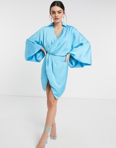 Атласное платье-рубашка мини голубого цвета с открытой спиной и пышными рукавами ASOS DESIGN-Голубой