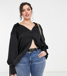 Черная атласная рубашка с воротником и длинными манжетами ASOS DESIGN Curve-Черный цвет