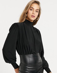 Черное платье мини с драпировкой на плечах и юбкой из искусственной кожи ASOS DESIGN-Черный цвет