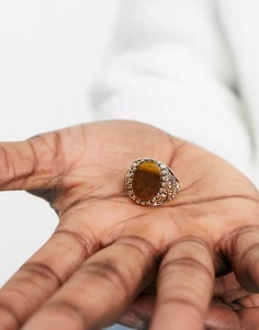 Кольцо-печатка с камнем "тигровый глаз" ASOS DESIGN-Золотистый