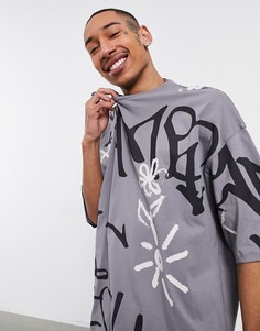Серая oversized-футболка со сплошным принтом ASOS DESIGN-Серый