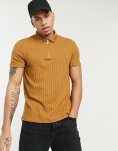 Коричневое поло в широкий рубчик на молнии Burton Menswear-Светло-коричневый