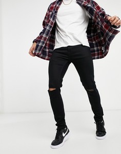 Черные зауженные джинсы с рваными коленями Topman-Черный цвет