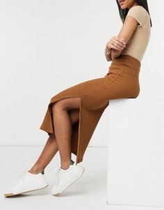 Светло-коричневая юбка миди из мягкой ткани в рубчик Topshop-Светло-коричневый