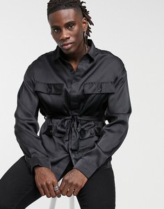 Черная атласная рубашка навыпуск с поясом и четырьмя карманами ASOS DESIGN-Черный цвет