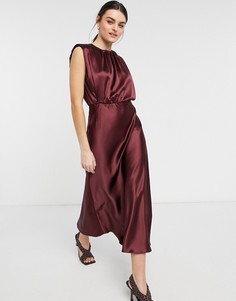 Атласное платье миди темно-бордового цвета без рукавов с подплечниками ASOS DESIGN-Сиреневый