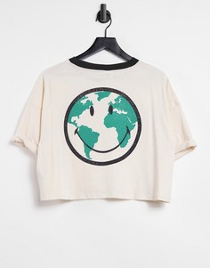 Укороченная футболка цвета экрю с принтом смайлика Cotton:On-Кремовый