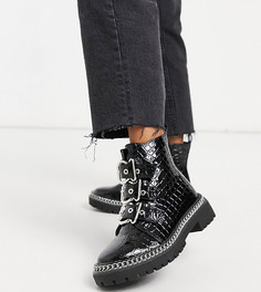 Черные ботинки для широкой стопы на толстой подошве с имитацией крокодиловой кожи Truffle Collection-Черный цвет
