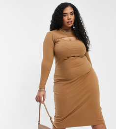 Облегающее платье миди в рубчик с высокой горловиной и вырезами Fashion Union Plus-Коричневый цвет