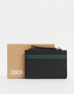 Кожаная кредитница с контрастной темно-зеленой вставкой и молнией ASOS DESIGN-Черный цвет