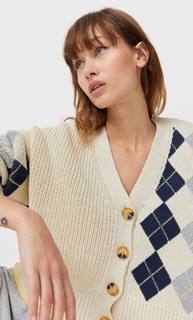 Stradivarius Кардиган С Узором «Ромбы» Женская Коллекция Цвет Небеленого Полотна M