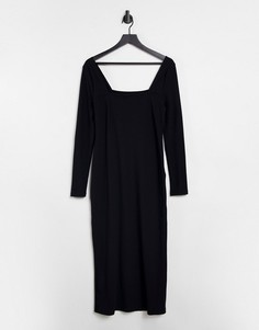 Черное платье миди в рубчик с квадратным вырезом и разрезом ASOS DESIGN-Черный цвет