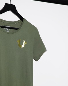 Зеленая футболка с золотистым логотипом на спине и принтом "World Tour" True Religion-Серый