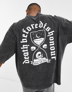 Черная выбеленная oversized-футболка с текстом и принтом песочных часов на спине ASOS DESIGN-Черный цвет