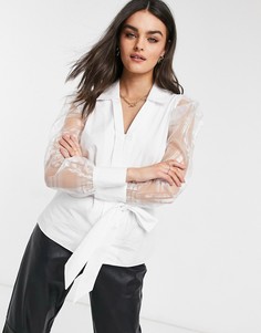 Белая блузка из поплина с запахом и рукавами из органзы River Island-Белый