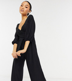 Черный свободный комбинезон из фактурной ткани с запахом спереди ASOS DESIGN Petite-Черный цвет