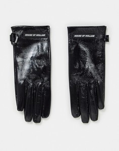 Черные кожаные блестящие перчатки House of Holland-Черный цвет