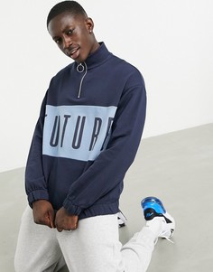 Oversized-свитшот в стиле колор блок с короткой молнией ASOS Dark Future-Темно-синий