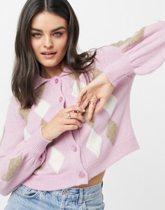 Розовый джемпер с рисунком «ромбы» и застежкой на пуговицы ASOS DESIGN-Розовый цвет