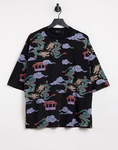 Футболка из органического хлопка в стиле oversized со сплошным принтом драконов ASOS DESIGN-Черный цвет