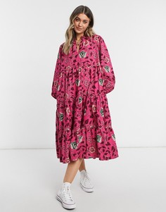 Свободное платье розового цвета с цветочным принтом и высоким воротником Maison Scotch-Розовый цвет