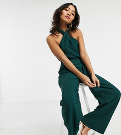 Темно-зеленый комбинезон из крепа с широкими штанинами, поясом и завязкой через шею ASOS DESIGN Petite-Зеленый цвет