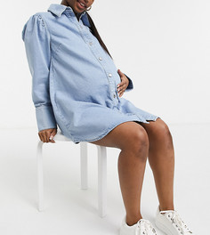 Платье-рубашка из выбеленного денима с объемными рукавами ASOS DESIGN Maternity-Голубой