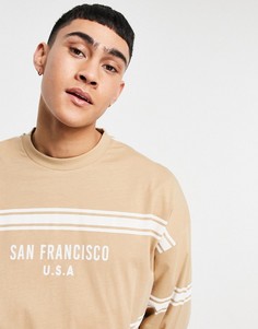 Бежевый oversized-лонгслив в полоску с принтом города на груди ASOS DESIGN-Светло-коричневый
