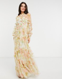 Платье макси с длинными рукавами с 3D-эффектом и смешанным цветочным принтом Needle & Thread-Многоцветный
