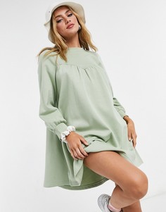 Шалфейно-зеленое платье-свитшот мини свободного кроя из органического хлопка Monki Nilla-Зеленый цвет