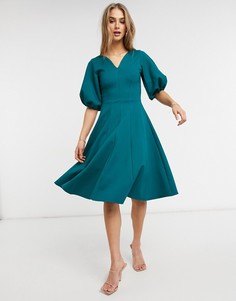 Зеленое платье миди с короткой расклешенной юбкой и пышными рукавами Closet London-Зеленый цвет