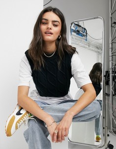 Темно-синий вязаный «в косичку» жилет с подплечниками ASOS DESIGN