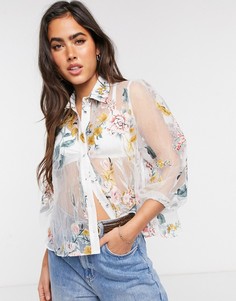 Белая рубашка из органзы с цветочным принтом River Island-Белый
