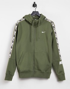 Флисовое худи цвета хаки с логотипом и окантовкой Nike Repeat Pack-Зеленый цвет