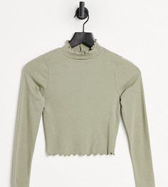 Оливковый кроп-топ с высоким воротником и волнистым краем ASOS DESIGN Petite-Зеленый цвет