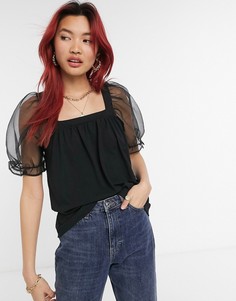 Черный топ с квадратным вырезом и сетчатыми рукавами Vero Moda