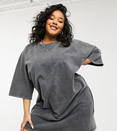 Серое платье-футболка из плотного трикотажа с эффектом кислотной стирки в стиле oversized ASOS DESIGN Curve-Серый