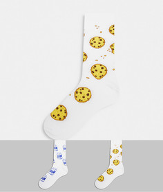 Набор из 2 пар носков до щиколотки с принтом в виде коробок с молоком и печенек ASOS DESIGN-Белый