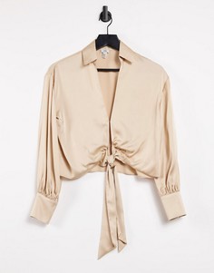 Светло-бежевая атласная рубашка с завязками спереди River Island-Светло-бежевый