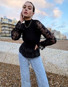 Черный облегающий трикотажный топ с кружевными рукавами River Island-Черный цвет