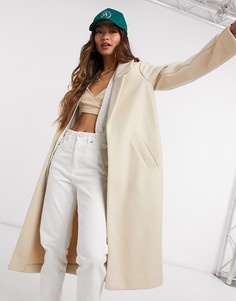Бежевое удлиненное классическое пальто свободного кроя River Island-Кремовый