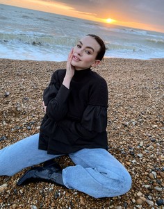 Черный топ из тафты и трикотажа с пышными рукавами с оборками River Island-Черный цвет
